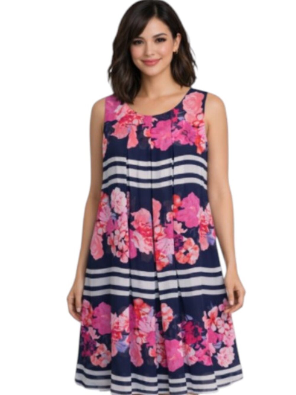Vince Camuto Floral Shift Dress Navy Pink Sleeveless Pleated Size Small